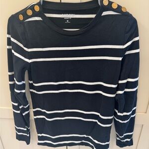 J. Crew Black and White Striped Long Sleeve Tee with Gold Buttons